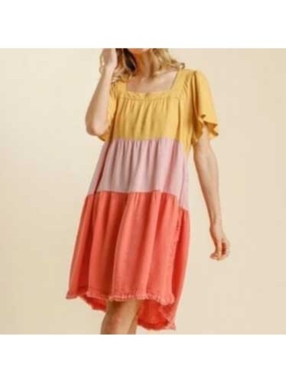 Umgee Linen Blend Tiered Mini Dress Size XL Color Block Swing Casual